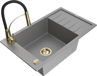 Produktbild von Mexen Elias 1 Becken-Granitspüle mit Abtropffläche und Mischbatterie Aster, Grau - 6511-71-73450-57-G