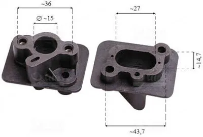 Two black plastic carburetor intake flanges with measurement annotations.