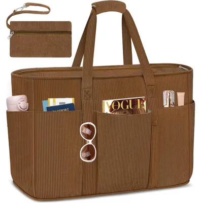 Immagine prodotto di Ampia borsa da spiaggia con cerniera, capacità 45 litri, realizzata in tessuto effetto corda color caffè, con scomparto impermeabile/resistente all'acqua e diverse tasche
