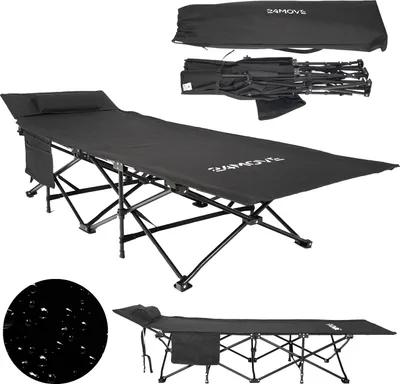 Zdjęcie produktu dla Łóżko polowe 24MOVE® do 150 kg, do użytku wewnątrz i na zewnątrz, składane, 190 x 67 x 34 cm, przenośne z torbą, do ogrodu lub w podróży, czarne