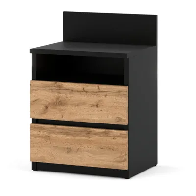 A modern black and wood-grain nightstand with two drawers and an open shelf.