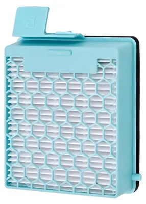 A close-up studio shot of a cyan air purifier filter with a white honeycomb pattern.