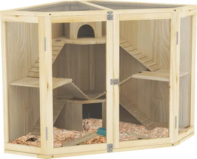 Produktbild von PawHut Hamsterkäfig aus Holz, Kleintierstall mit 4 Ebenen, Fütterungsstation, Wippe, Rampe, Hütten, Meerschweinchenkäfig für Zwerg- und Syrische Hamster, 115 x 69,5 x 79 cm