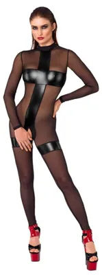 Produktbild von Overall Schwarz mit Powerwetlook-Einsätzen, Stehkragen und offenem Rücken