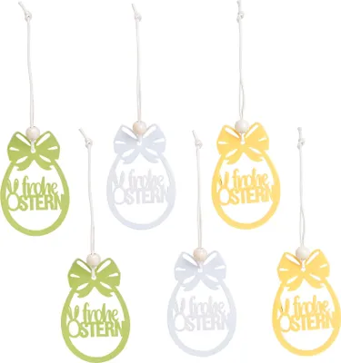 Produktbild von 6er Set Osteranhänger Frohe Ostern Metall Gelb Grün Weiß Osterei Schleife Deko