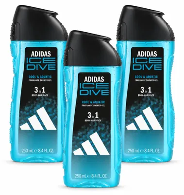Imagen del producto de 3 unidades de gel de ducha Adidas 3 en 1, aroma Ice Dive, 250 ml cada uno. Paquete económico