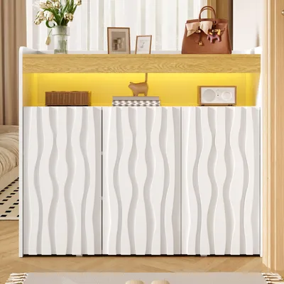 Produktbild von Flieks Sideboard mit LED-Beleuchtung, 3 Türen, Offenem Ablagefach, Verstellbaren Einlegeböden, Schrank für Wohnzimmer, Flur, Kommoden, Weiß