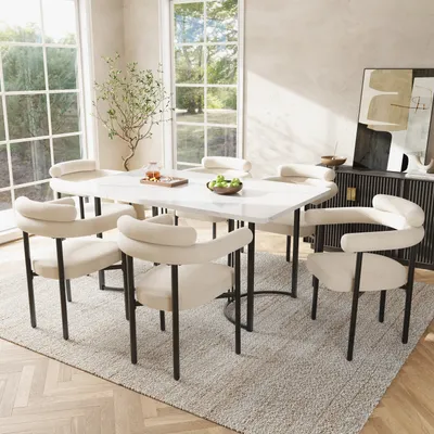 Produktbild von Flieks Essgruppe Sitzgruppe 7-tlg, Esstisch mit 6 Esszimmerstühle, Rechteckig Esszimmertisch in Marmoroptik, Polsterstühle Beige