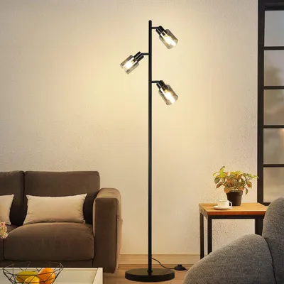 Image de ZMH Lampadaire Vintage Salon Noir Lampadaire industriel 3 flammes en verre Douille E14 Métal Lampe sur pied Orientable 350° Lampe de lecture pour chambre bureau Sans ampoules
