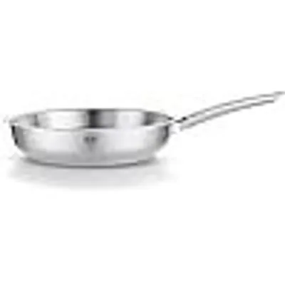 A stainless steel frying pan on a white background.