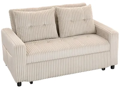 Produktbild von 2-Sitzer Sofabett, Cordbezug, zum Schlafsofa umwandelbar, 2 Kissen, Seitentaschen, 157 x 190 cm, Cremeweiß