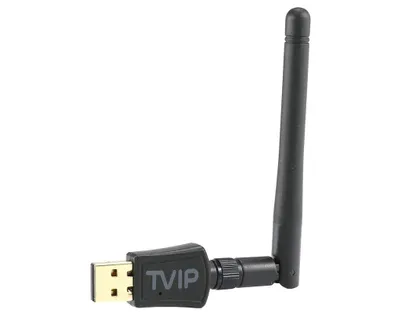 A black wireless USB adapter with an antenna, shown against a white background.