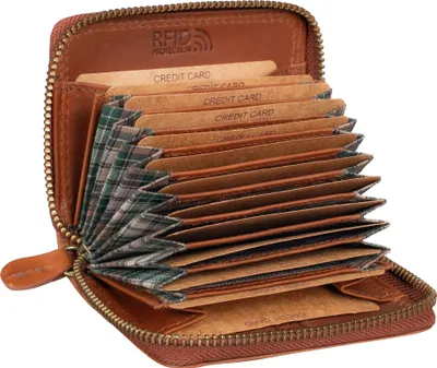 An open brown leather wallet filled with credit cards, showing its RFID protection feature.