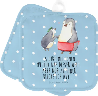 Produktbild von Mr. & Mrs. Panda Topfuntersetzer Pinguin mit Kind - Blau Pastell - Geschenk, Muttertag, Familie, topfhalter, Vorbild Mama, Pinguine, Topflappen, Topflappenset, Set