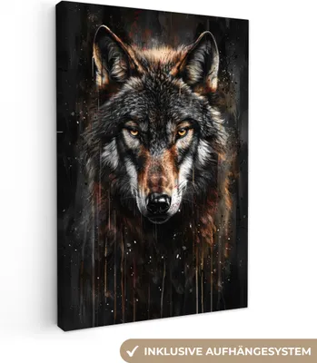 Produktbild von MuchoWow® - Leinwandbilder - Tiere - Wolf - Porträt - Schwarz - Braun, Wandbild, Wanddeko Bilder Wohnzimmer, 80x120cm