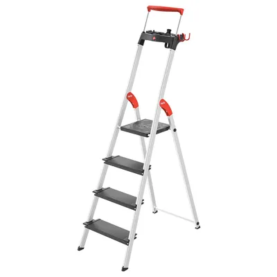 Produktbild von Hailo L100 Topline Alu-Sicherheits-Stehleiter - 4 XXL-Stufen bis 150 kg - Stehleiter mit ausziehbarem Haltebügel, Plattformverriegelung - viel Zubehör - klappbare Aluleiter  Germany - schwarz