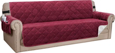 Produktbild von Sesselschoner Gesteppter Samt Sofa Bezug Möbelschutz Schonbezug für Familie mit Haustieren und Kindern, Weinrot Vier Person