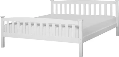 A white wooden bed frame with a mattress, shown from a side-angle.