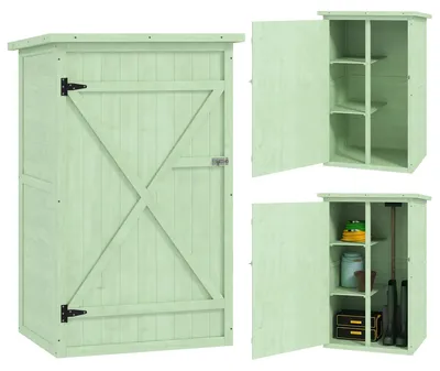 Obrázek produktu pro Zahradní skříň – kovová skříň pro venkovní použití – 75 x 56 x 115 cm – 3 vnitřní police – vodotěsná s uzamykatelnými dveřmi – zelená barva