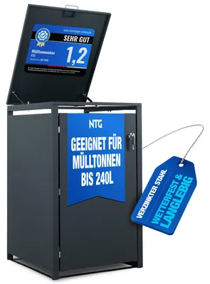 Produktbild von 1x Mülltonnenbox 240L Anthrazit – Mülltonnenverkleidung / Mülltonnenhaus aus verzinktem Stahl mit Soft-Close Deckel, Schloss & Belüftung