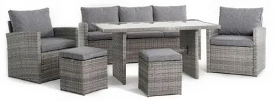 Immagine prodotto di Set da giardino in polyrattan con divano, poltrone, pouf e tavolo in vetro, elegante e confortevole, per giardino, terrazza e balcone – CATANIA