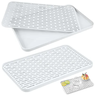 Image de Ensemble égouttoir 2 pièces avec bac d'égouttage (31 x 17,5 x 2,2 cm), égouttoir multifonctionnel pour tasses, vaisselle et service à thé, blanc