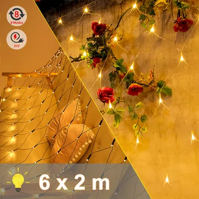 Productafbeelding van LZQ LED-lichtnet, 6 x 2 meter, 280 LED's. Lichtslinger, gordijn van licht, netverlichting. Decoratieve verlichting voor binnen en buiten, geschikt voor Kerstmis, Halloween, bruiloften, feesten. Warmwit licht, donkergroene kabel