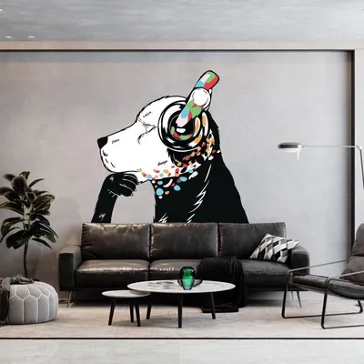 denkender Hund mit Kopfhörern im Street-Art-Stil – Decords Wandtattoo, Produktansicht 1