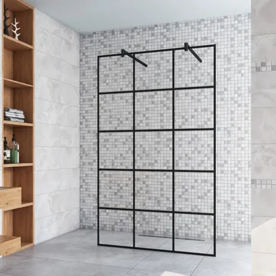 Produktbild von 87.7x200cm+ mit 2 140cm Schwarz Stabilisator 8mm Nano Sicherheitsglas Walk in Gittermuster Streifen Duschwand Duschabtrennung