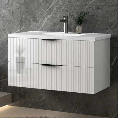 Produktbild von Unterschrank mit Waschbecken Waschbeckenunterschrank Badmöbel Waschtisch Badezimmerschrank hochglanz UV, Sanfter Schluss, 100x44.5x52cm