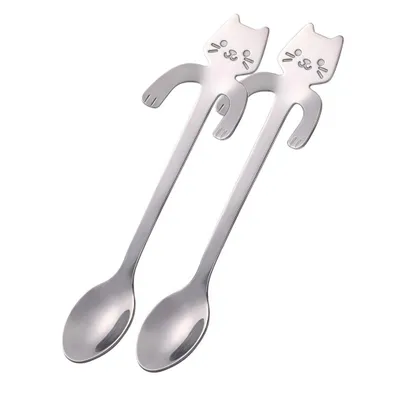Image de Set de 2 cuillères en forme de chat – Acier inoxydable, 11,5 cm – Petites cuillères décoratives, couleur argent
