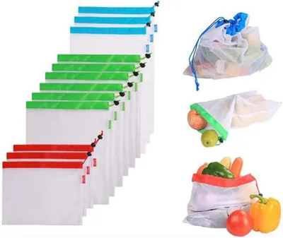 Produktbild von Netztaschen wiederverwendbar, 12 Stück, 3 Größen, atmungsaktiv, für Obst und Gemüse