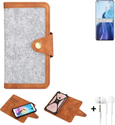 Produktbild von K-S-Trade Handyhülle + Kopfhörer kompatibel mit Xiaomi Mi 11 Pro Schutzhülle Filz Hülle Kunstleder hellgrau braun (1x)