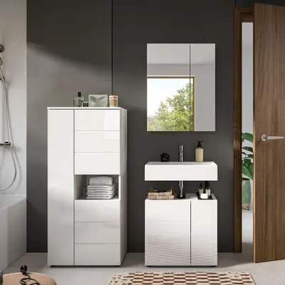 Produktbild von Badmöbel-Set 3-teilig in weiß mit weiß Hochglanz, mit Midischrank - VELLORE-158