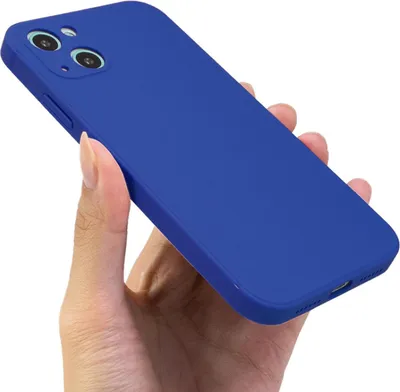 A hand holding a blue iPhone 13 case.