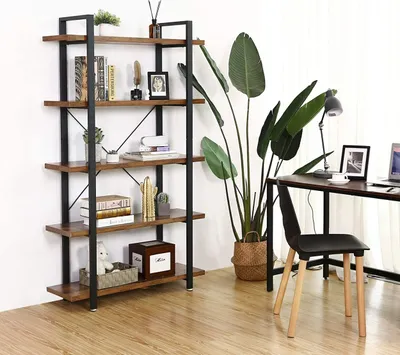Image de Bibliothèque, Bibliothèque Industrielle À 5 Niveaux, Bibliothèque De Rangement, Étagère Sur Pied, Assemblage Facile, Salon, Chambre À Coucher, Bureau, Rustique