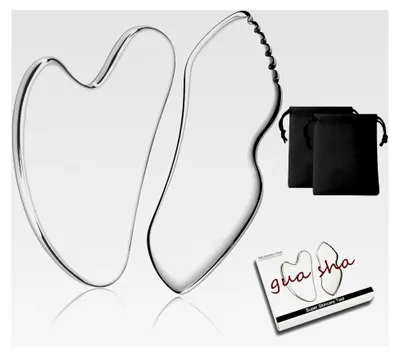Produktbild von Gua Sha Gesichtswerkzeug aus Edelstahl, 2er-Set mit Aufbewahrungstasche, Lymphdrainage Massage Schaber für Gesicht, Augen, Nacken und Körper