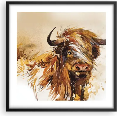 Produktbild von Gerahmtes Poster - Schwarzer Rahmen - Stier Scotch Aquarell - 50x50 cm - Wand Bild - Wanddeko - Wandbilder - Kunstposter - Wandposter - Bilderrahmen - Bilder - Kunstdruck - P2BAC50x50-4708