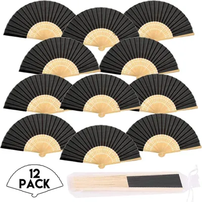 Produktbild von 12 STK.Handfächer Fächer Papierfächer Hochzeitsfächer Taschenfächer Faltfächer Gastgeschenk Für Hochzeit, Schwarz