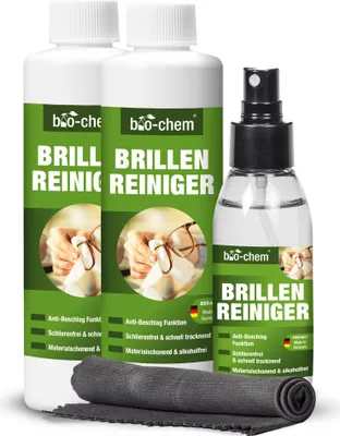 Produktbild von bio-chem Brillenreiniger mit ANTI-BESCHLAG-Funktion, Schutz vor beschlagenen Brillen, Anti-Fog-Spray, 100 ml Sprayflasche + 2x 250 ml Nachfüllflasche (600 ml) + Premium Mikrofasertuch/Brillenputztuch