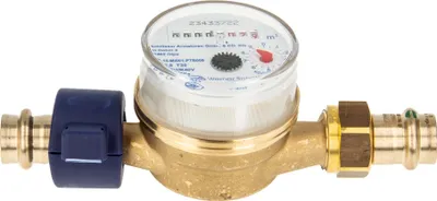 Produktbild von Einstrahlzähler ETK Kombi-Set (Kaltwasser) bis 30 Grad Länge 110 mm, inkl. Verschraubung mit Pressanschluss 15 mm, Plombierschelle