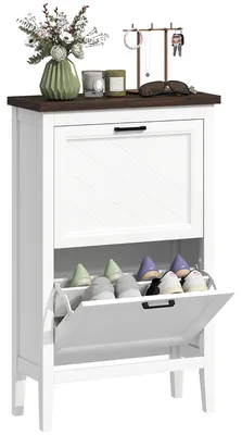 Image de HOMCOM Armoire à chaussures avec 2 tiroirs basculants, design rustique et compact, avec étagères réglables, pour 8 à 12 paires, couleur blanche
