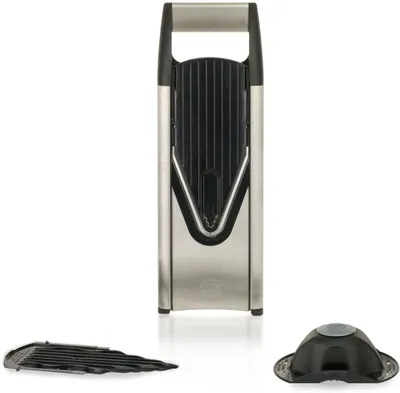 Produktbild von Gemüsehobel V6 Basis Set Edelstahl Hobel mit V-Klinge Verstellbarer V-Hobel für Gemüse & Obst Gemüseschneider für Scheiben in 3 Schnittstärken Inkl. Fingerschutz