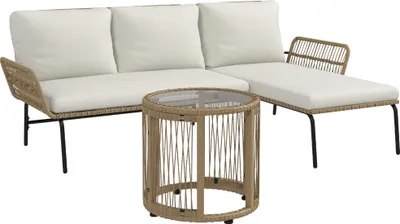 Produktbild von Outsunny 3-tlg. Rattan Gartenmöbel-Set, Gartengarnitur mit Liegestuhl, Couchtisch, Zweisitzer, Gartenset mit Sitzkissen, Balkonmöbel-Set für Garten, Terrasse, Creme