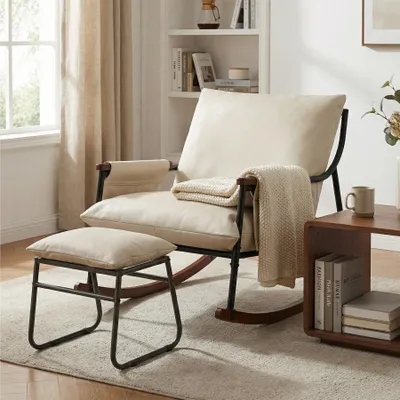 Produktbild von Still-Schaukelstuhl mit Fußhocker, Seitentasche, Armlehnen, Holzgestell, für Wohnzimmer, Schlafzimmer, Babyzimmer, technischer Stoff, Beige