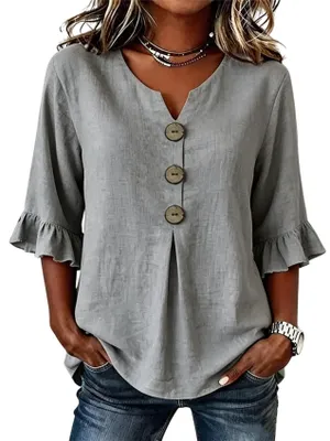 Produktbild von ASKSA Damen Bluse Musselin Tshirt V-Ausschnitt 3/4 aermel Sommer Leinenbluse Elegant Casual Oberteile (Grau,L)