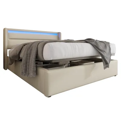 Produktbild von STILVORA Stauraumbett 160x200cm mit hydraulischem Stauraum, Polsterbett mit LED-Beleuchtungsleiste, Funktionsbett mit Fernbedienung, Weiß