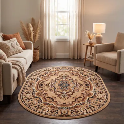Immagine prodotto di Tappeto Tapiso modello ATLAS, forma ovale, motivo a medaglione, classico, color beige, ideale per il soggiorno, dimensioni 160 x 210 cm