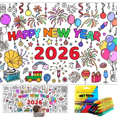 Produktbild von Ausmal-Tischdecke Silvester 2026 mit 24 Buntstiften 183x76cm Papier