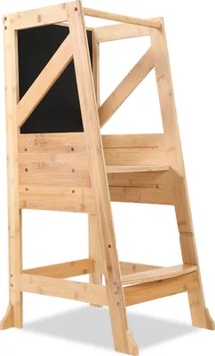 A wooden learning tower with a chalkboard.